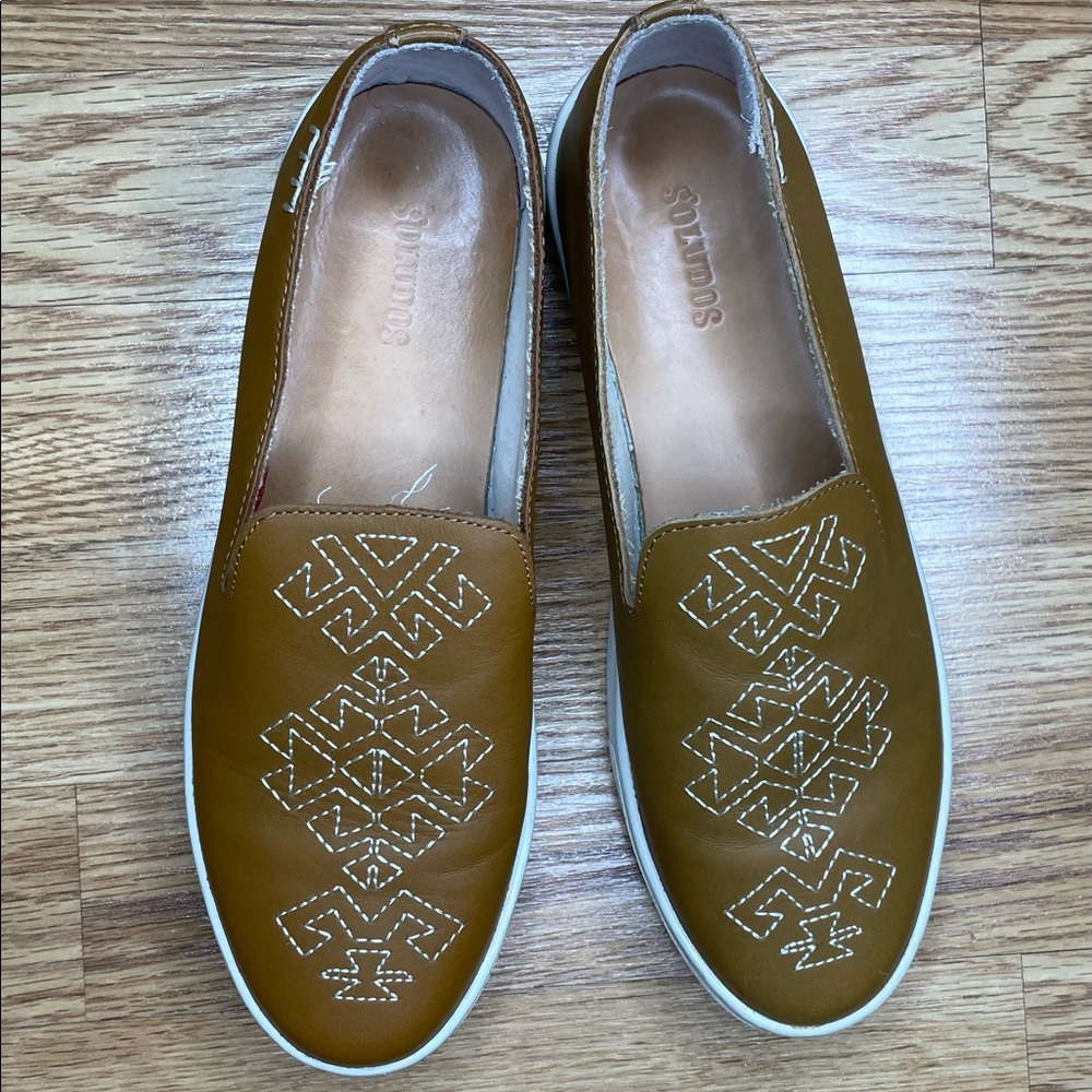 Soludos Brown Leather Embroidered Slip On Sneakers